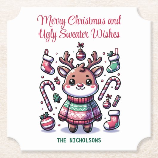 Frohe Weihnachten & Ugly Sweater wünscht Rentier Untersetzer (Vorderseite)