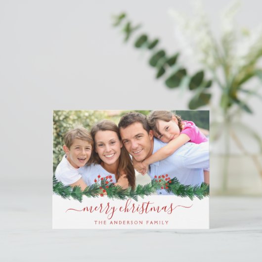 Frohe Weihnachten und Garland Script Foto Card (Stehend Vorderseite)