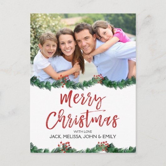 Frohe Weihnachten und Garland Script Foto Card (Vorderseite)