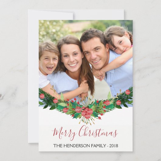Frohe Weihnachten und Garland Script Foto Card (Vorderseite)