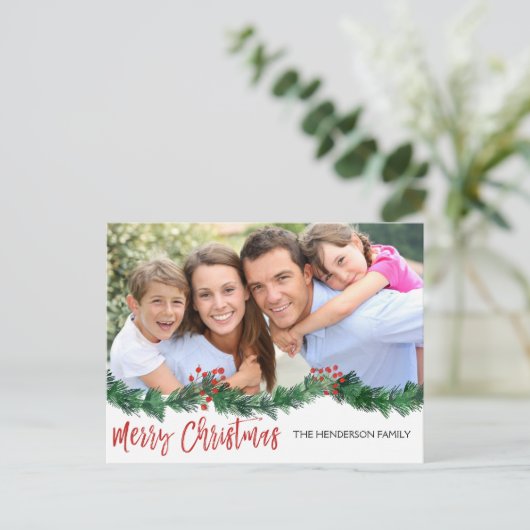 Frohe Weihnachten und Garland Script Foto Card (Stehend Vorderseite)