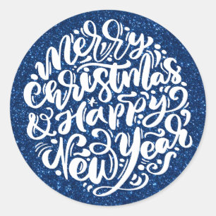 Frohe Weihnachten und Glück Neujahr Blue Glitzer Runder Aufkleber
