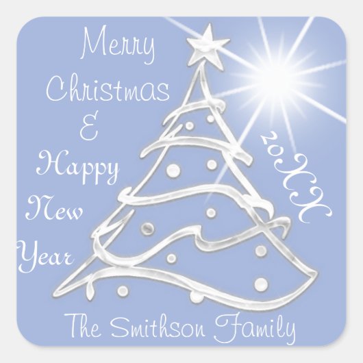 Frohe Weihnachten und Glück Neujahr Tree Gray Blue Quadratischer Aufkleber (Vorderseite)