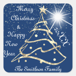 Frohe Weihnachten und Glück Neujahr Tree Navy Gold Quadratischer Aufkleber