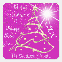 Frohe Weihnachten und Glück Neujahr Tree Pink Gold Quadratischer Aufkleber