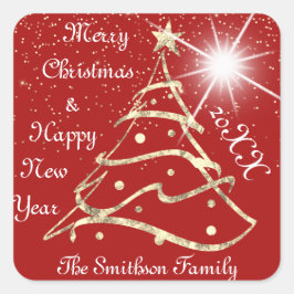 Frohe Weihnachten und Glück Neujahr Tree Red Gold Quadratischer Aufkleber