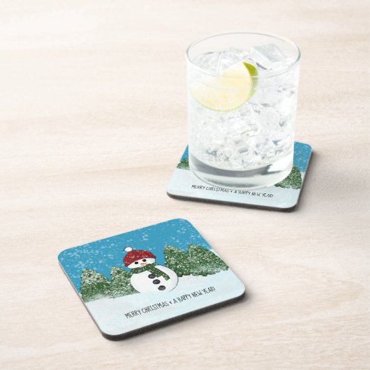Frohe Weihnachten und glückliche Neujahr Schneeman Getränkeuntersetzer (Rechte Seite)
