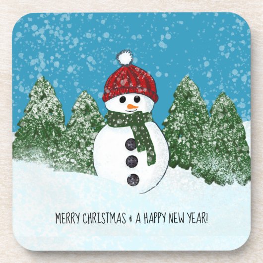 Frohe Weihnachten und glückliche Neujahr Schneeman Getränkeuntersetzer (Vorderseite)