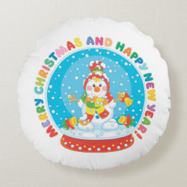 Frohe Weihnachten und glückliche Neujahr Schneeman Rundes Kissen