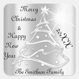Frohe Weihnachten und glückliche Neujahrsbaum Gray Quadratischer Aufkleber