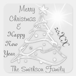 Frohe Weihnachten und glückliche Neujahrsbaum Gray Quadratischer Aufkleber
