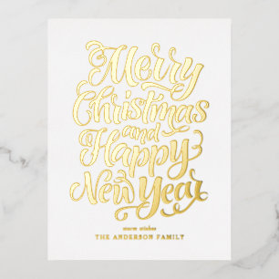 Frohe Weihnachten und glückliche Neujahrskalligrap Folien Feiertagspostkarte