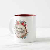 Frohe Weihnachten- und Holzbellen & Blume-Kranz Zweifarbige Tasse (Vorderseite Links)