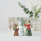 Frohe Weihnachten Viktorianische Familie und Snowm Postkarte (Stehend Vorderseite)