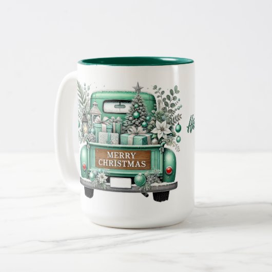 Frohe Weihnachten Vintag Aqua Truck Zweifarbige Tasse (Vorderseite Links)