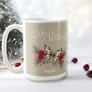Frohe Weihnachten Vintag Butterfly Poinsettia Kaffeetasse