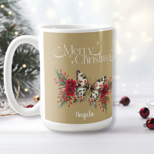 Frohe Weihnachten Vintag Butterfly Poinsettia Kaffeetasse
