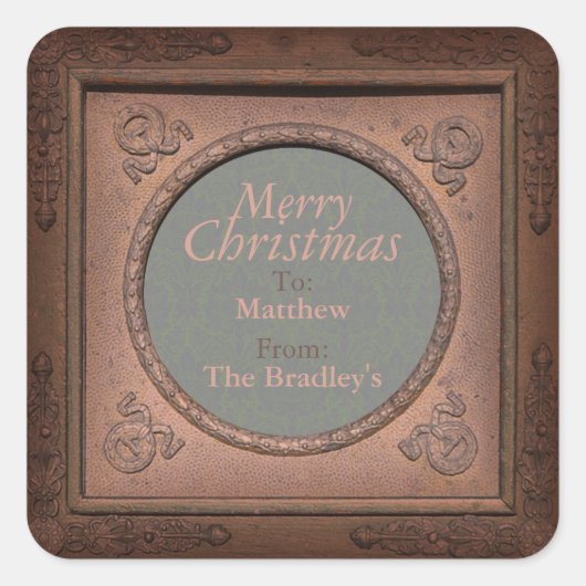 Frohe Weihnachten Vintag Damask Rahmen personalisi Quadratischer Aufkleber (Vorderseite)