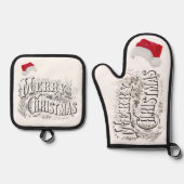 Frohe Weihnachten - Vintag, mit Weihnachtsmannmütz Ofenhandschuh & Topflappen-Set (Vorderseite)