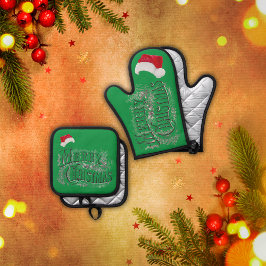 Frohe Weihnachten - Vintag, mit Weihnachtsmannmütz Ofenhandschuh & Topflappen-Set