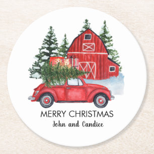 Frohe Weihnachten Vintag Red Car Barn Trees Name Runder Pappuntersetzer