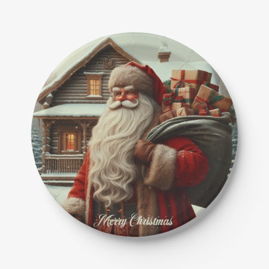 Frohe Weihnachten Vintag Santa Pappteller (Vorderseite)