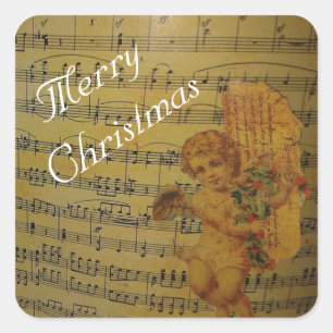 Frohe Weihnachten Vintage Angle und Noten Quadratischer Aufkleber