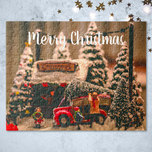 Frohe Weihnachten Vintage Baum Geschäft Roter LKW Puzzle