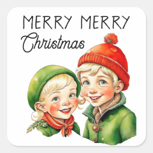 Frohe Weihnachten Vintage blonde Kinder Quadratischer Aufkleber
