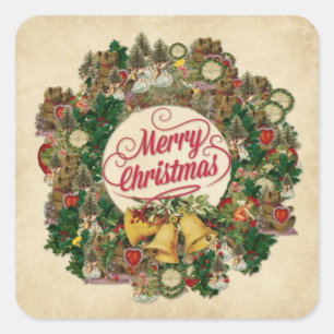 Frohe Weihnachten Vintage Bunte Ornament Kranz Quadratischer Aufkleber