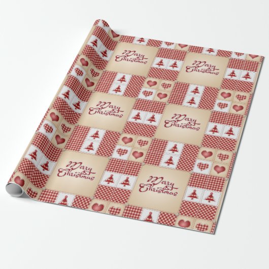 Frohe Weihnachten Vintage Country Quilt Muster Geschenkpapier (Ungerollt)