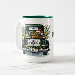 Frohe Weihnachten Vintage Grün Lastwagen Zweifarbige Tasse