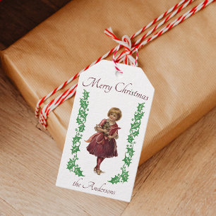 Frohe Weihnachten vintage kleines Mädchen und Stec Geschenkanhänger
