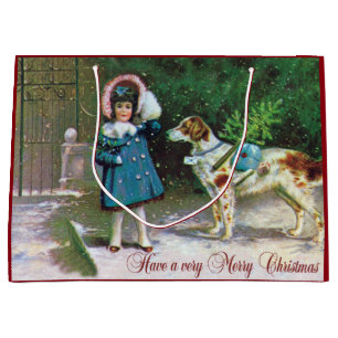 Frohe Weihnachten Vintage -Mädchen Hund Große Geschenktüte