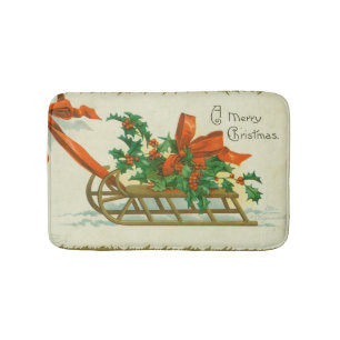 Frohe Weihnachten - Vintage-Postkarte, Schlitten u Badematte