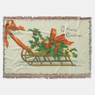 Frohe Weihnachten - Vintage-Postkarte, Schlitten u Decke