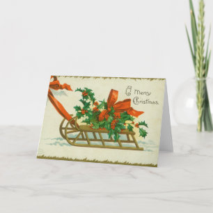 Frohe Weihnachten - Vintage-Postkarte, Schlitten u Karte