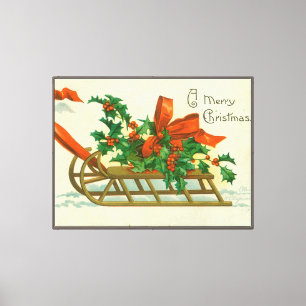 Frohe Weihnachten - Vintage-Postkarte, Schlitten u Leinwanddruck
