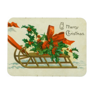 Frohe Weihnachten - Vintage-Postkarte, Schlitten u Magnet
