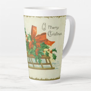 Frohe Weihnachten - Vintage-Postkarte, Schlitten u Milchtasse