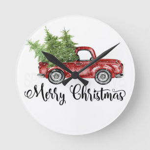 Frohe Weihnachten Vintage Retro Roter LKW Süßes Ge Runde Wanduhr