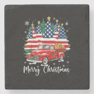 Frohe Weihnachten Vintage roter LKW US-Flagge Baum Steinuntersetzer
