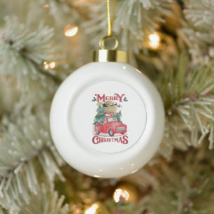 Frohe Weihnachten Vintage roter Santa-LKW Keramik Kugel-Ornament