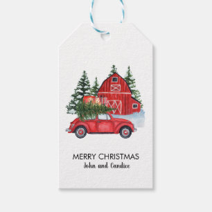 Frohe Weihnachten Vintage rotes Auto Scheune Bäume Geschenkanhänger