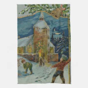 Frohe Weihnachten - Vintage Schneeballkampf Grußka Geschirrtuch