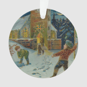 Frohe Weihnachten - Vintage Schneeballkampf Grußka Ornament