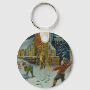 Frohe Weihnachten - Vintage Schneeballkampf Grußka Schlüsselanhänger