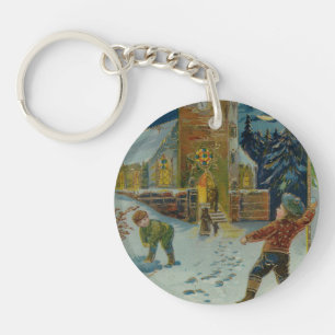 Frohe Weihnachten - Vintage Schneeballkampf Grußka Schlüsselanhänger