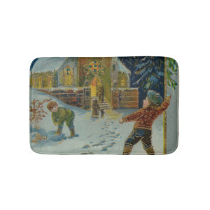 Frohe Weihnachten - Vintage Schneeballkampf Postka Badematte