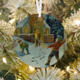 Frohe Weihnachten - Vintage Schneeballkampf Postka Ornament Aus Metall